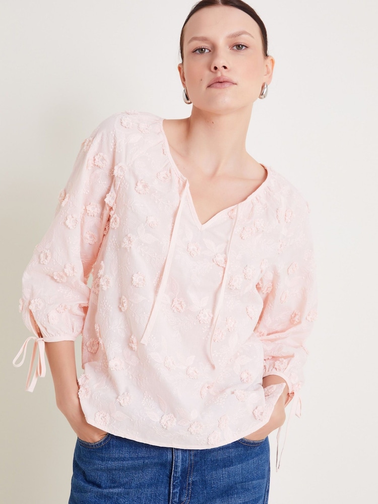Monsoon Pink Ivy Floral Embroidered Blouson 100% Cotton Blouse - Image 2 of 4