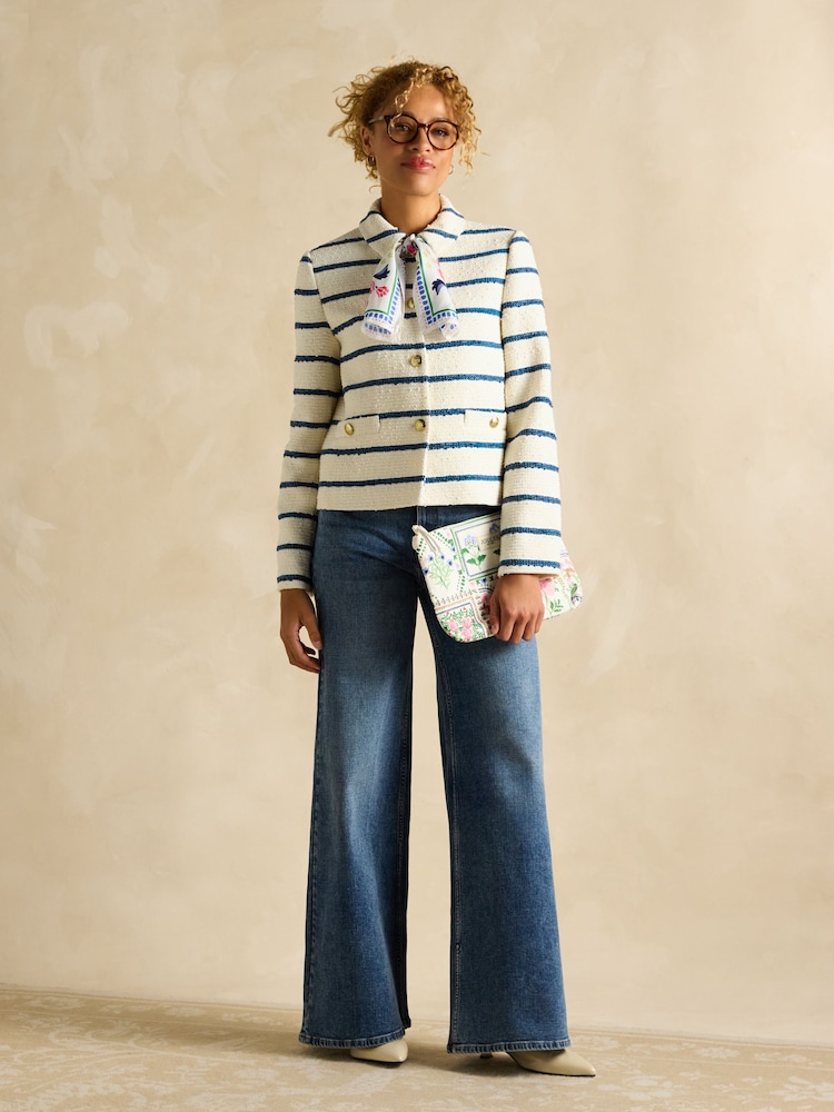Joules Hampton Cream and Blue Striped Bouclé Jacket - Image 5 of 9