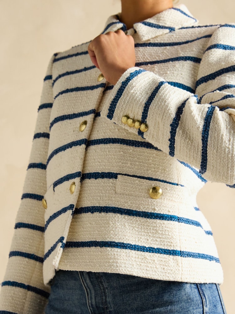Joules Hampton Cream and Blue Striped Bouclé Jacket - Image 7 of 9