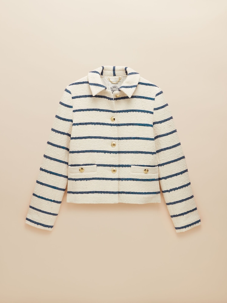 Joules Hampton Cream and Blue Striped Bouclé Jacket - Image 8 of 9