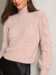Lipsy Pink Pearl Cable Knit Jumper - Image 1 of 4