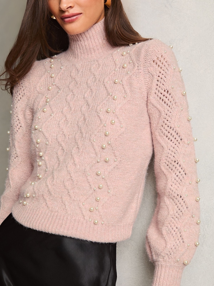 Lipsy Pink Pearl Cable Knit Jumper - Image 1 of 4