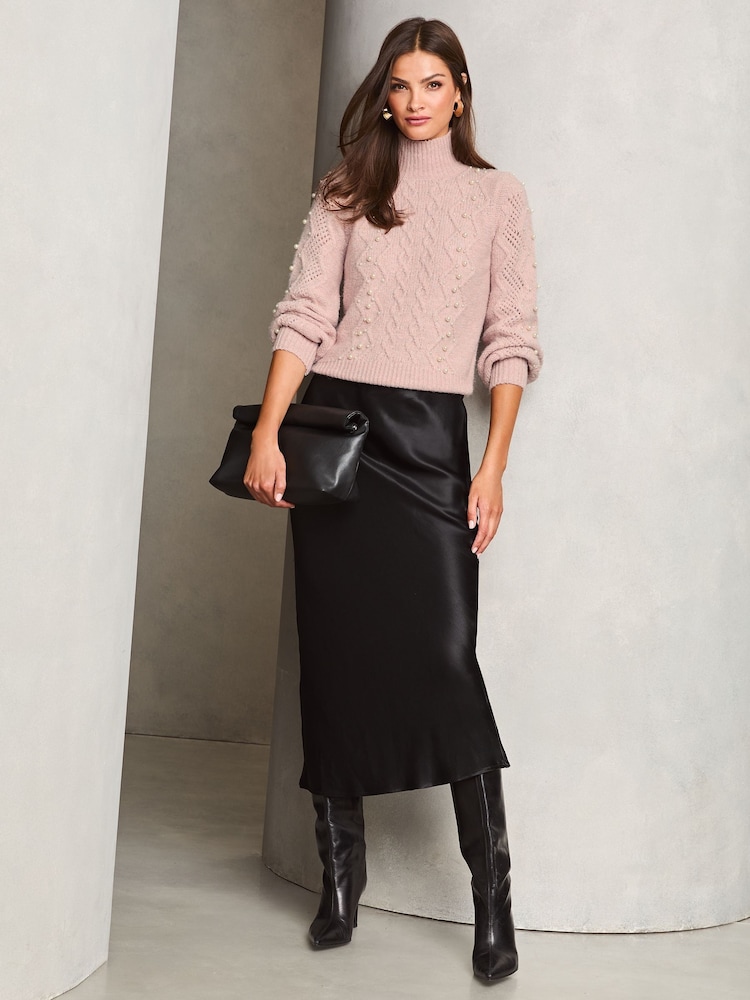 Lipsy Pink Pearl Cable Knit Jumper - Image 2 of 4