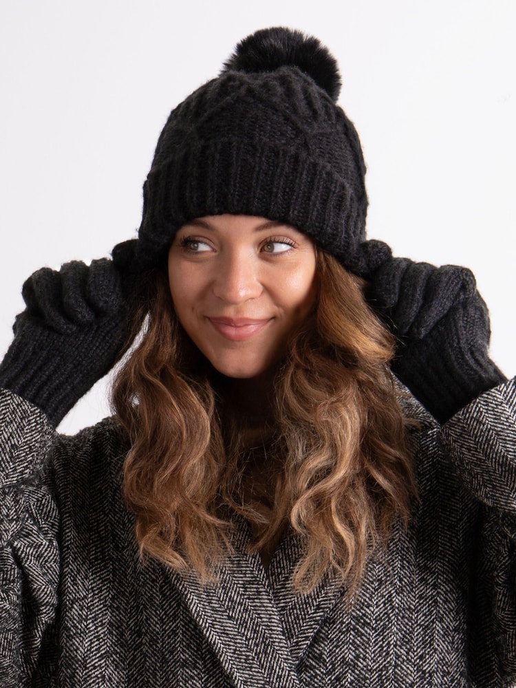 Totes Black Ladies Totes Winter Knitted Hat & Glove Set - Image 1 of 4