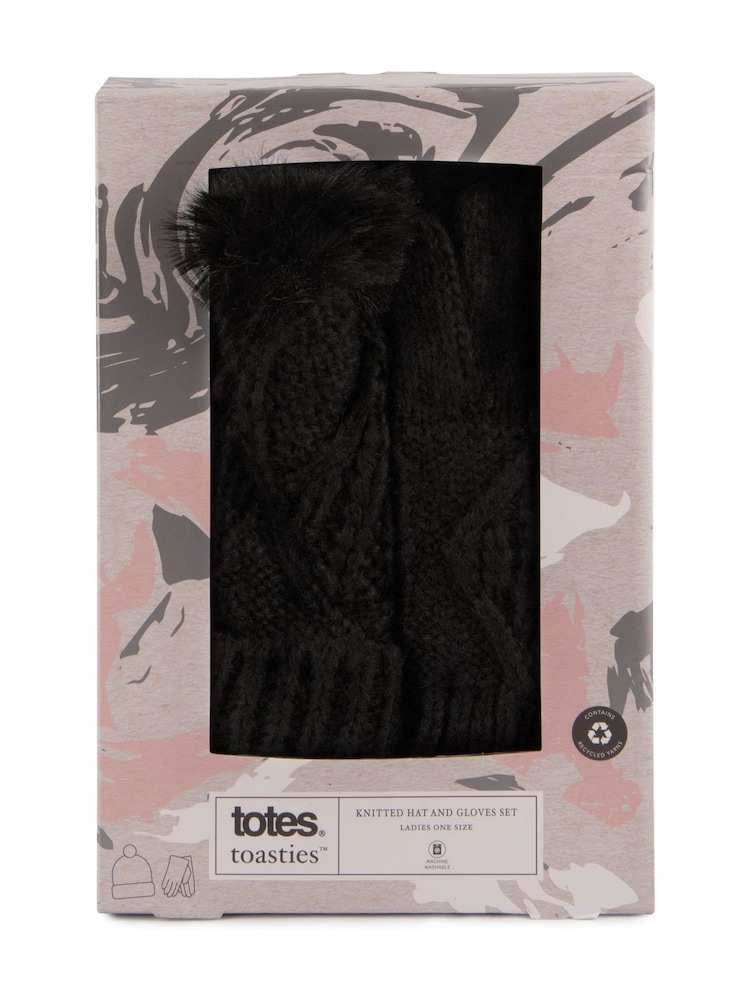 Totes Black Ladies Totes Winter Knitted Hat & Glove Set - Image 4 of 4