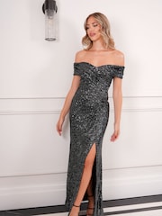 Sistaglam Grey Sequin Maxi Bardot Ruched Dress - Image 1 of 5