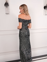 Sistaglam Grey Sequin Maxi Bardot Ruched Dress - Image 5 of 5