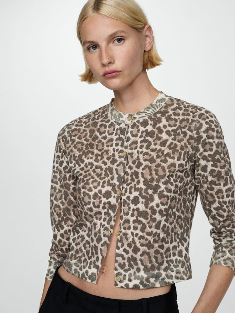 Mango Cream Leopard Print Knitted LIghtweight Cardigan - Image 1 of 7