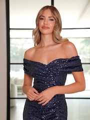 Sistaglam Blue Sequin Maxi Bardot Ruched Dress - Image 3 of 4