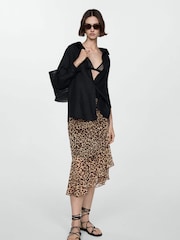 Mango Black Leopard Print Gathered Skirt - Image 1 of 6