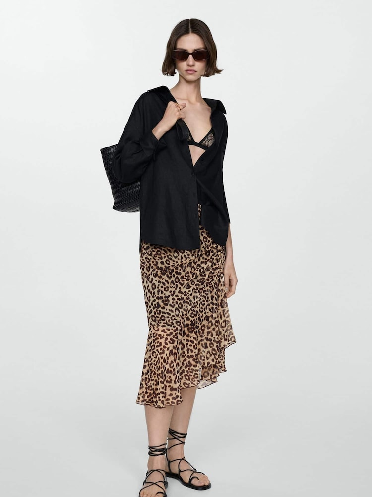 Mango Black Leopard Print Gathered Skirt - Image 1 of 6 Mango Black Leopard Print Gathered Skirt - Image 1 of 6