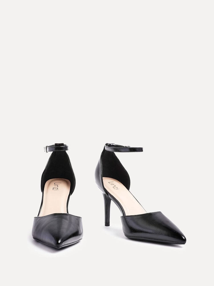 Linzi Black PU Thea Closed Back Stiletto Court Heels With Ankle Strap - Image 3 of 5