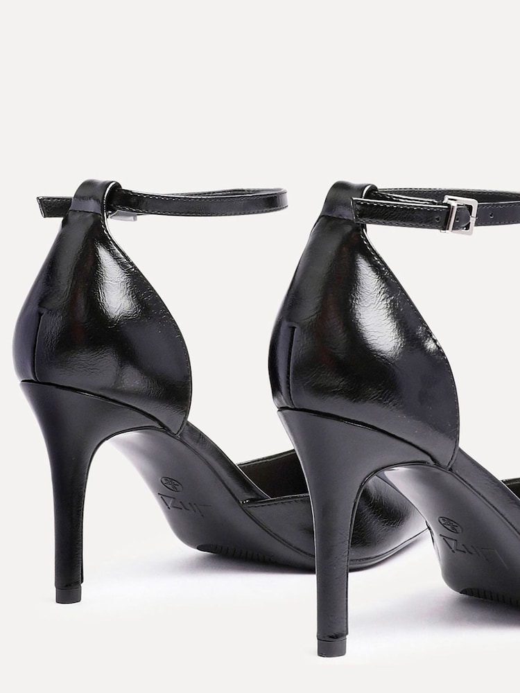 Linzi Black PU Thea Closed Back Stiletto Court Heels With Ankle Strap - Image 4 of 5