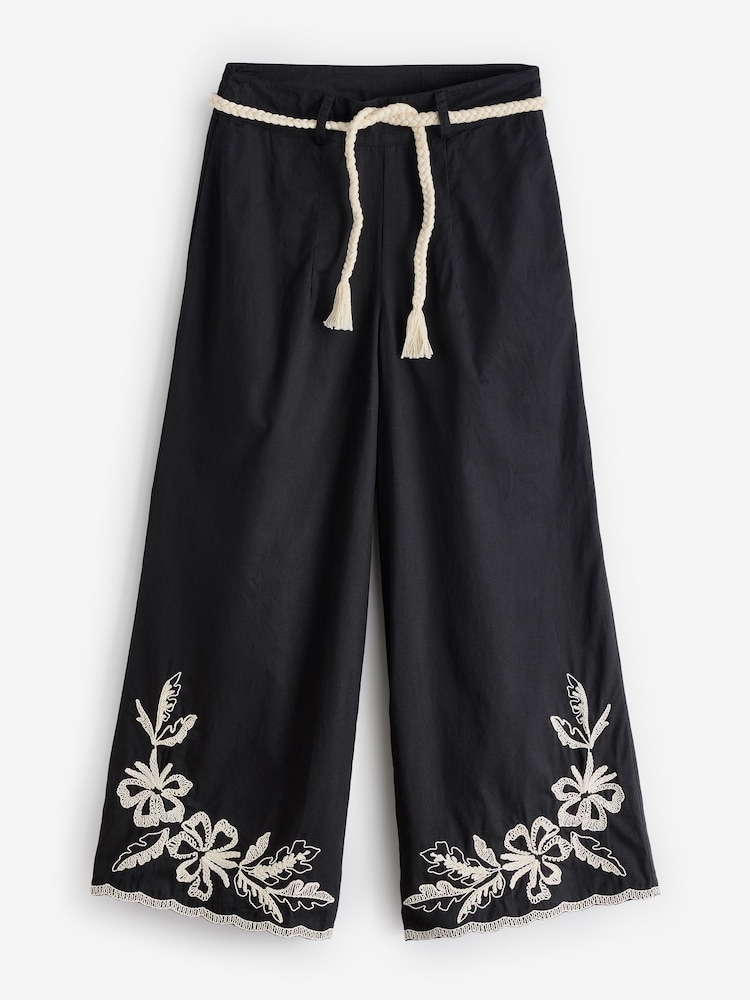 Another Sunday 3/4 Length Wide Leg Embroidered 100% Cotton Black Trousers With Ecru Belt - Image 1 of 1