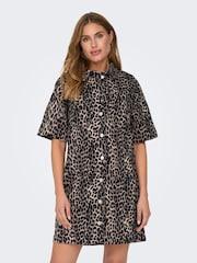 ONLY Natural Leopard Print Denim Short Shirt Dress - Image 1 of 6