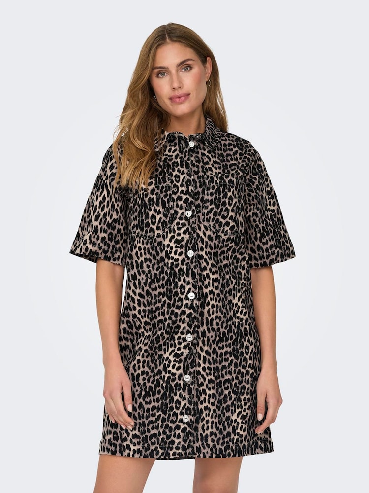 ONLY Natural Leopard Print Denim Short Shirt Dress - Image 1 of 6
