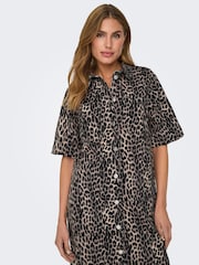 ONLY Natural Leopard Print Denim Short Shirt Dress - Image 2 of 6