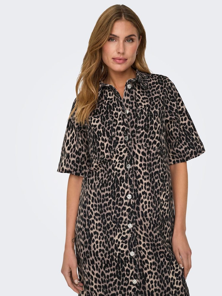 ONLY Natural Leopard Print Denim Short Shirt Dress - Image 2 of 6