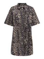 ONLY Natural Leopard Print Denim Short Shirt Dress - Image 5 of 6