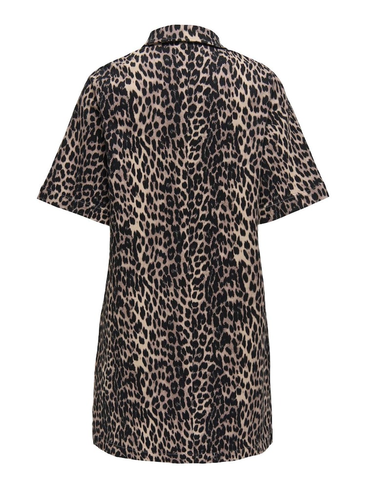 ONLY Natural Leopard Print Denim Short Shirt Dress - Image 6 of 6
