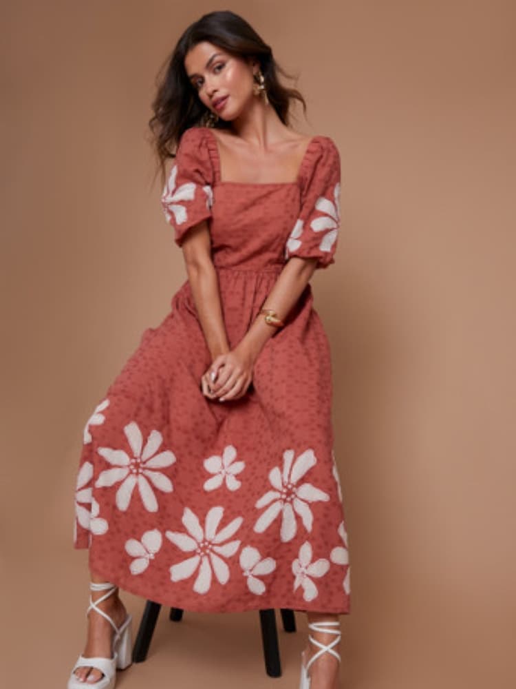 Another Sunday Orange 100% Cotton Puff Sleeve Milkmaid Floral Applique Midi Dress - Image 1 of 2