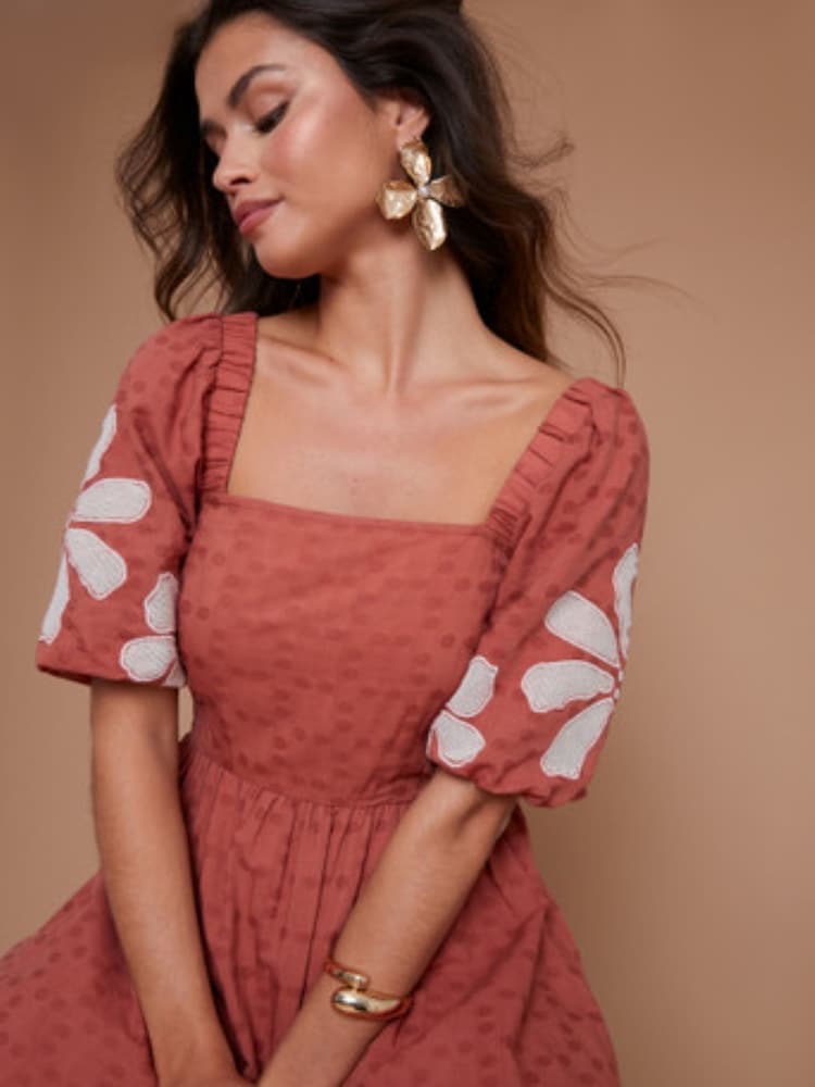Another Sunday Orange 100% Cotton Puff Sleeve Milkmaid Floral Applique Midi Dress - Image 2 of 2