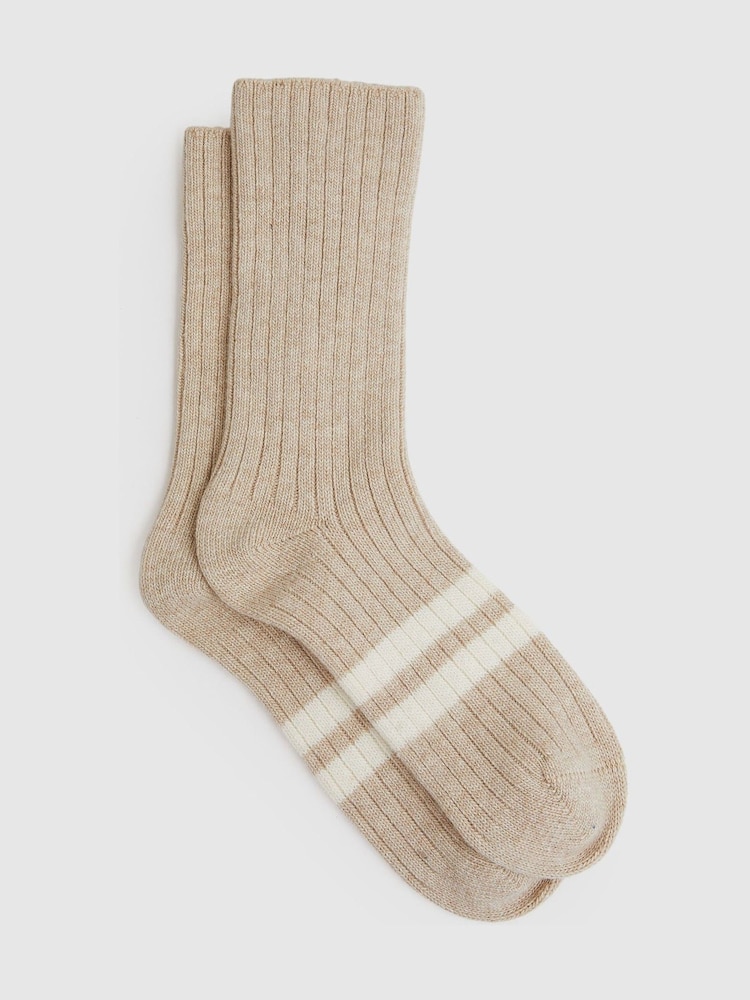 Reiss Oatmeal Carina Wool Blend Ribbed Crew Socks - Image 1 of 2