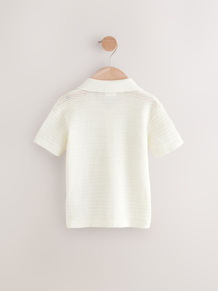 White Textured Revere Collar Short Sleeve Knitted 100% Cotton Polo Shirt (3mths-7yrs) - Image 2 of 4