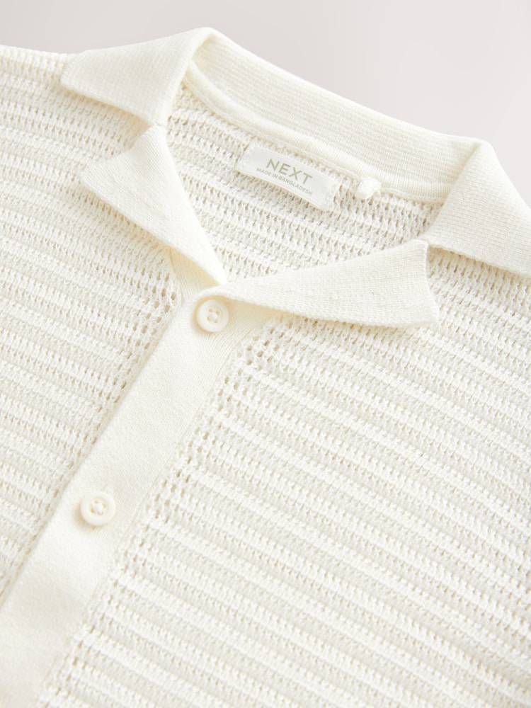 White Textured Revere Collar Short Sleeve Knitted 100% Cotton Polo Shirt (3mths-7yrs) - Image 3 of 4