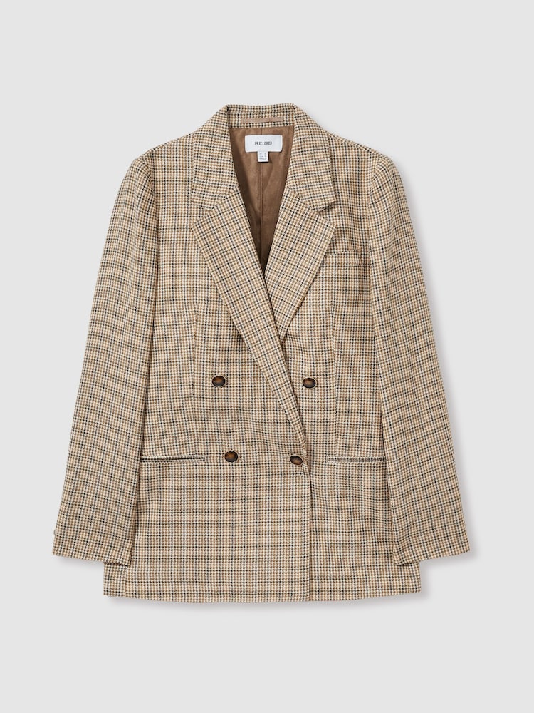 Reiss Brown Check Vida Petite Wool Double-Breasted Houndstooth-Check Blazer - Image 2 of 9