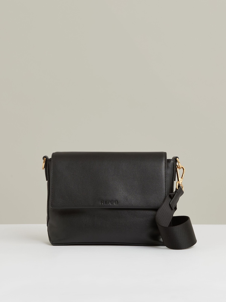 Reiss Black Selena Leather Flap Crossbody Bag - Image 1 of 5