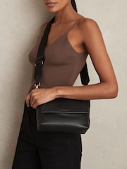 Reiss Black Selena Leather Flap Crossbody Bag - Image 2 of 5