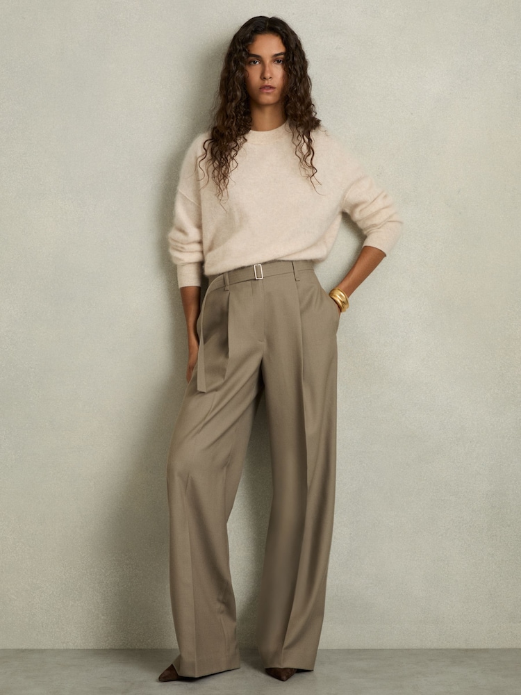 Reiss Neutral Clara Wool Belted Wide-Leg Trousers - Image 1 of 6