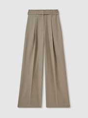 Reiss Neutral Clara Wool Belted Wide-Leg Trousers - Image 2 of 6
