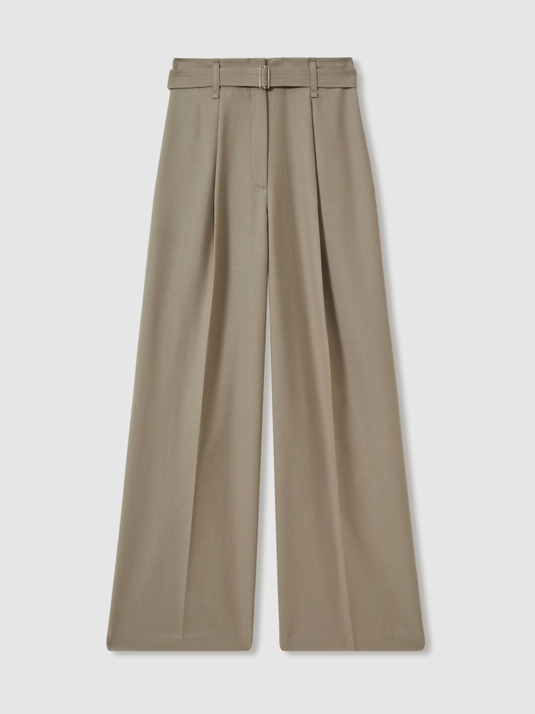 Reiss Neutral Clara Wool Belted Wide-Leg Trousers - Image 2 of 6