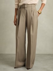 Reiss Neutral Clara Wool Belted Wide-Leg Trousers - Image 3 of 6