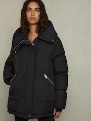 Reiss Black Lexie Petite Concealed-Hood Puffer Coat - Image 1 of 9