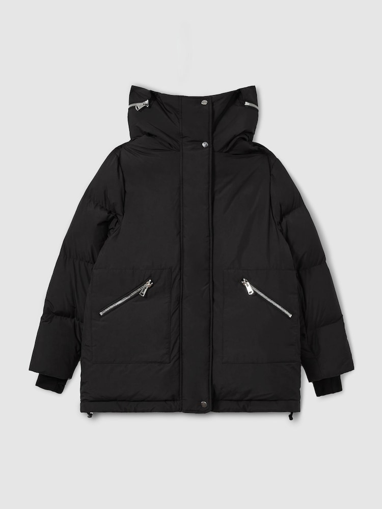 Reiss Black Lexie Petite Concealed-Hood Puffer Coat - Image 2 of 9
