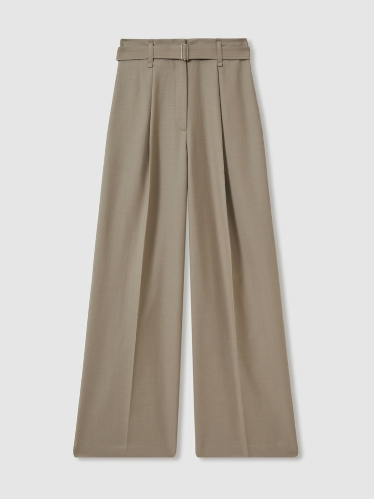 Reiss Neutral Clara Petite Wool Belted Wide-Leg Trousers - Image 2 of 7