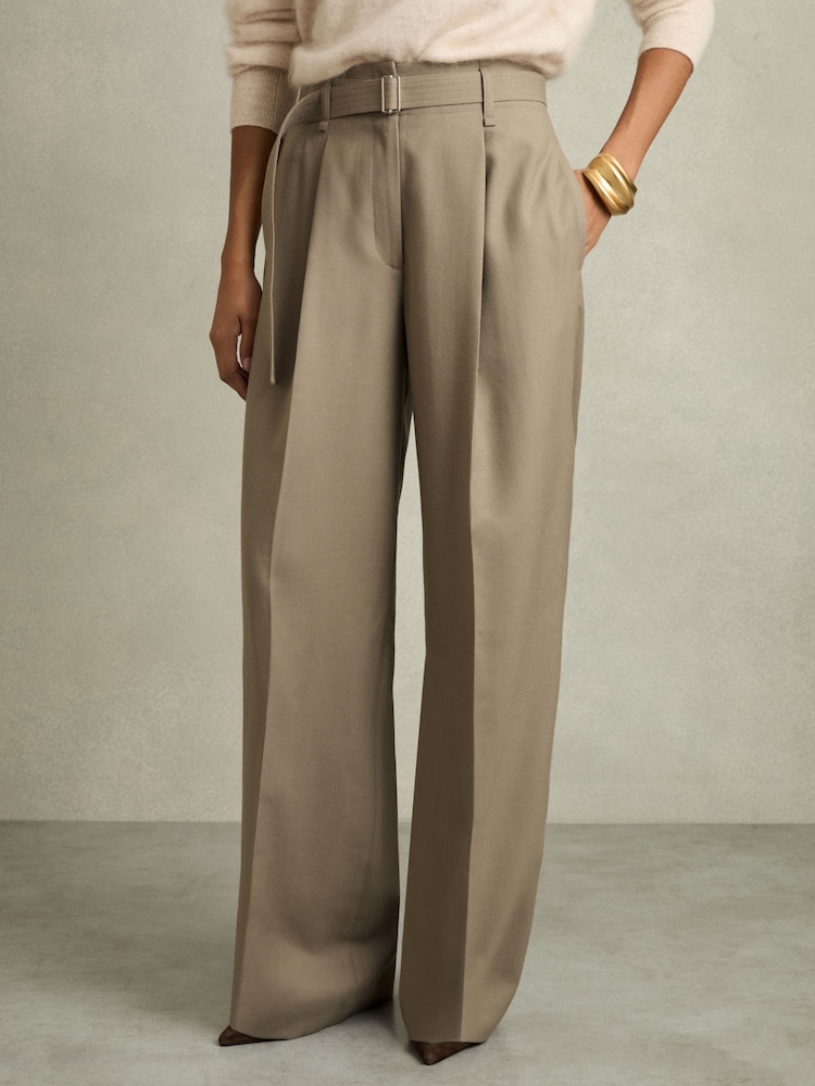 Reiss Neutral Clara Petite Wool Belted Wide-Leg Trousers - Image 3 of 7