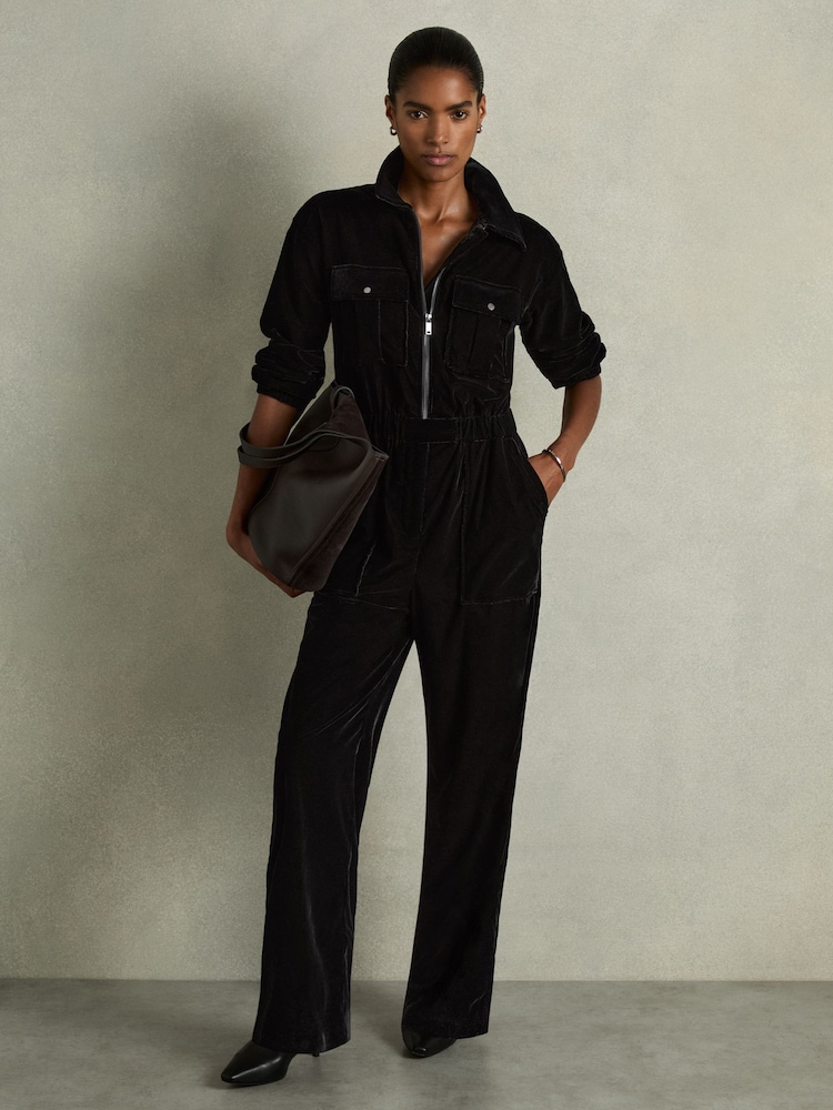 Reiss Black Vinnia Patch-Pocket Velvet Jumpsuit - Image 1 of 6