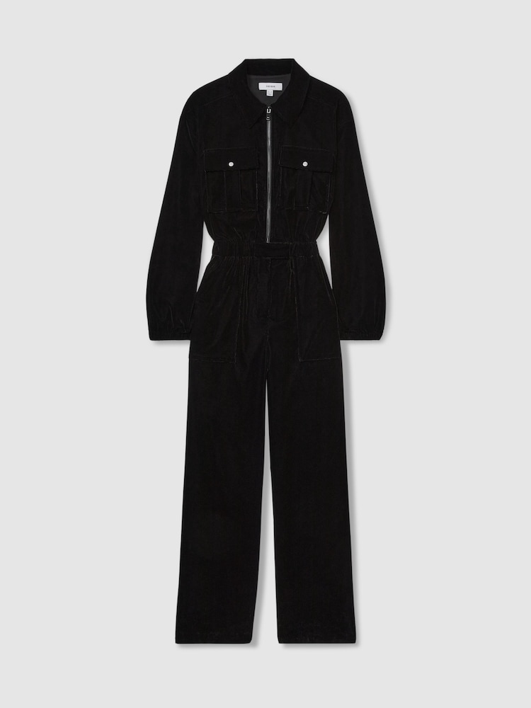 Reiss Black Vinnia Patch-Pocket Velvet Jumpsuit - Image 2 of 6