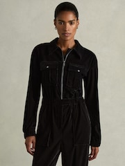 Reiss Black Vinnia Patch-Pocket Velvet Jumpsuit - Image 3 of 6