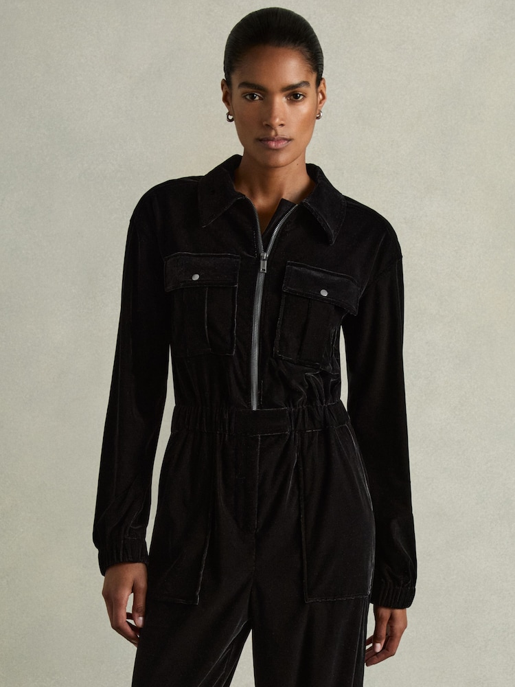 Reiss Black Vinnia Patch-Pocket Velvet Jumpsuit - Image 3 of 6