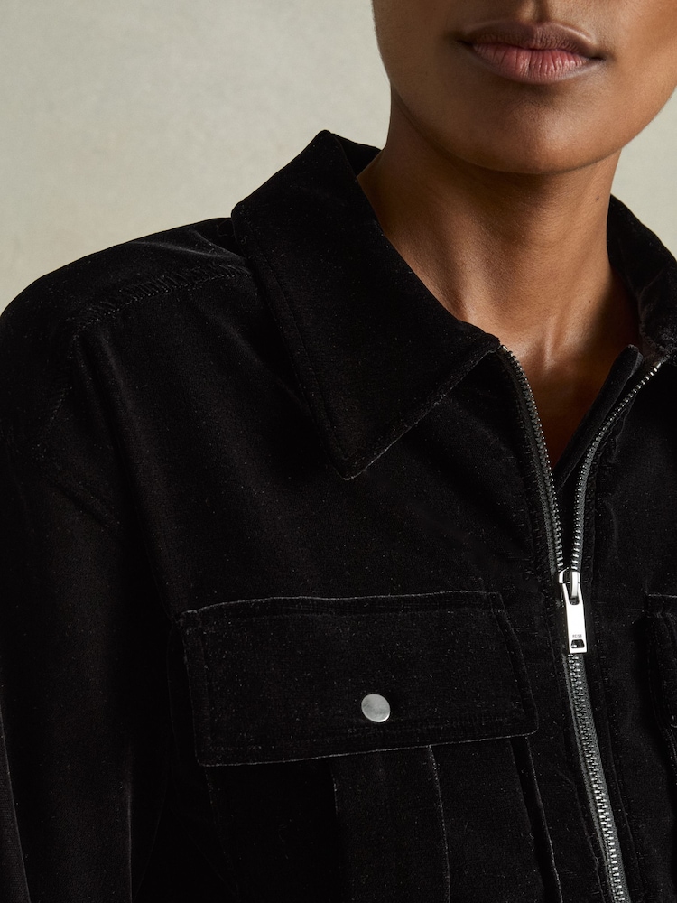 Reiss Black Vinnia Patch-Pocket Velvet Jumpsuit - Image 4 of 6