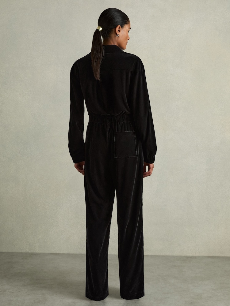 Reiss Black Vinnia Patch-Pocket Velvet Jumpsuit - Image 5 of 6