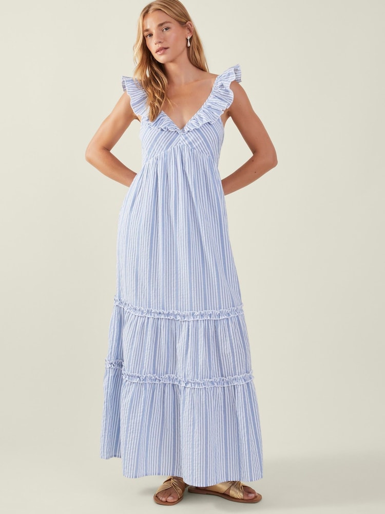 Accessorize Blue Stripe Ruffle Maxi 100% Cotton Dress - Image 1 of 4