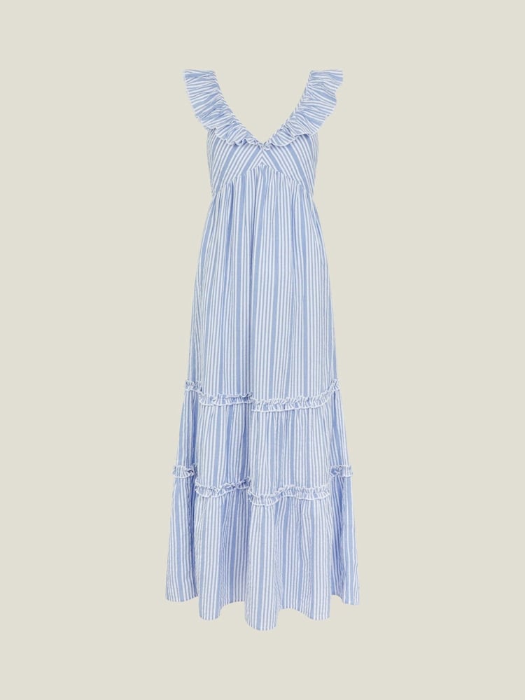 Accessorize Blue Stripe Ruffle Maxi 100% Cotton Dress - Image 4 of 4