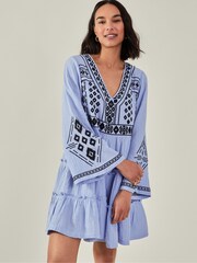 Accessorize Blue Embroidered Long Sleeve Mini 100% Cotton Dress - Image 1 of 3