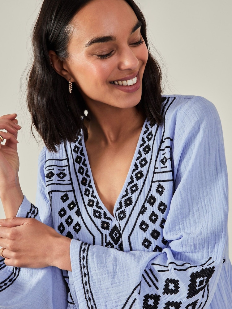Accessorize Blue Embroidered Long Sleeve Mini 100% Cotton Dress - Image 2 of 3